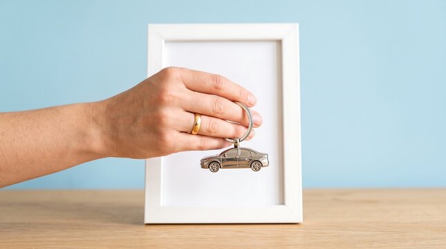 A hand holding a car shaped keychain in front of a white picture frame on a wooden table