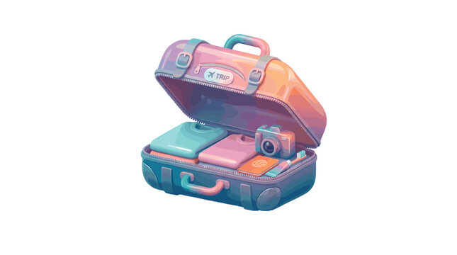 Vector illustration of an open travel suitcase packed with clothes, a camera, and a passport. Perfect for vacation, tourism, and travel blog concepts with a vibrant style.