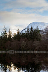 Looking over Glencoe Lochan toward pointy Aonach Dubh a' Ghlinne and bulky Meall Mor. Glencoe village, Lochaber, Highlands of Scotland. © David