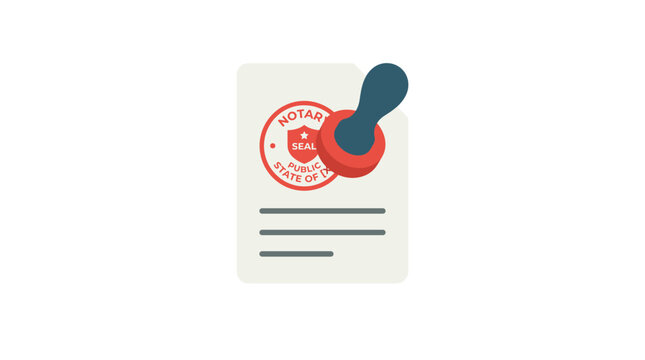 Flat vector icon of a document with a red notary public seal and a stamp. Ideal for legal, corporate, government, business, contract, certification, and verification concepts.