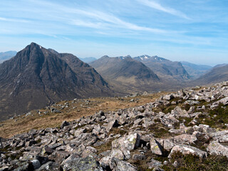 Glencoe, Scottish Highlands. Panoramic view from the slopes of  Beinn a' Chrulaiste, including Buachaille Etive Mor, Buachaille Etive Beag, Bidean nam Bian and the Three Sisters. © David