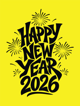 Happy New Year Elegant Script Typography Vector with Fireworks
