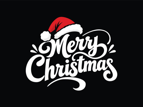 Elegant Merry Christmas Script Typography Vector with Santa Hat and Decorative Flourishes
