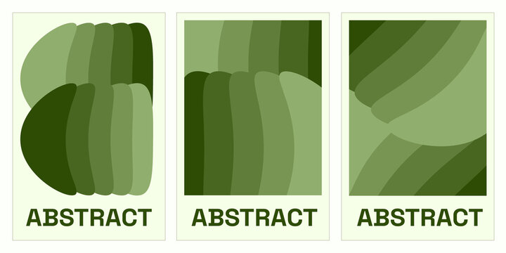 Set of three contemporary minimalist art posters featuring abstract curved organic shapes in shades of green. Perfect for modern home decor, wall art, covers, and interior design prints.