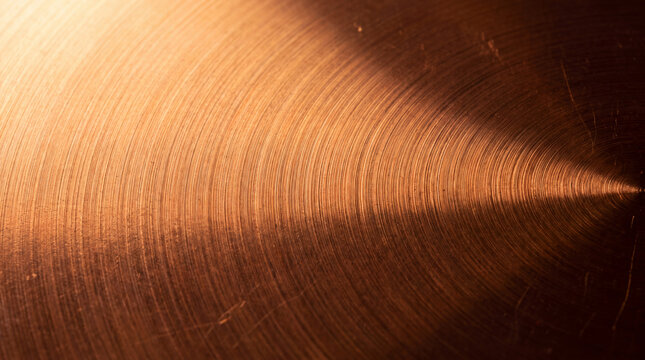 A high-quality close-up shot of a brushed copper surface with circular patterns, warm lighting, and metallic reflections, ideal for a textured background.