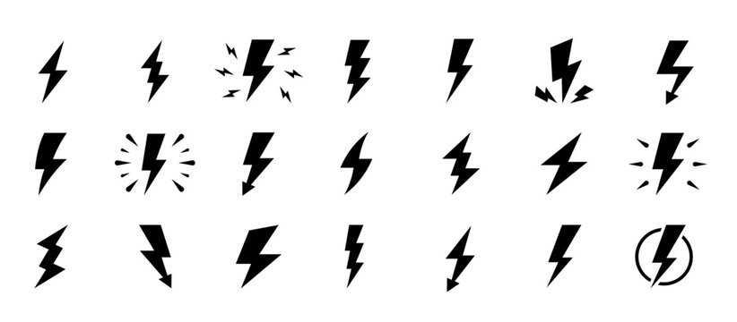 Lightning bolt vector icon set. Electricity, power, energy, flash, charge, speed, high voltage, and thunderstorm symbols in solid black style.