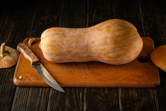 Butternut squash rests on cutting board beside knife. Kitchen still life shows whole winter squash on worn wood, with warm rustic styling and calm prep mood for home cooking and meal preparation.