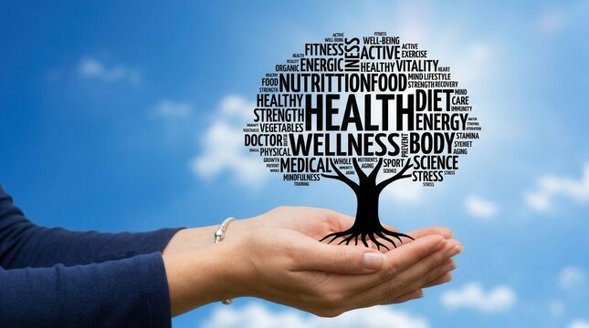 Hands Holding Health Tree Word Cloud Against Blue Sky Concept of Wellness Nutrition and Healthy Lifestyle