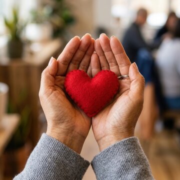 Hands holding a red heart symbolizing love care and charity in a warm cozy environment with blurred background