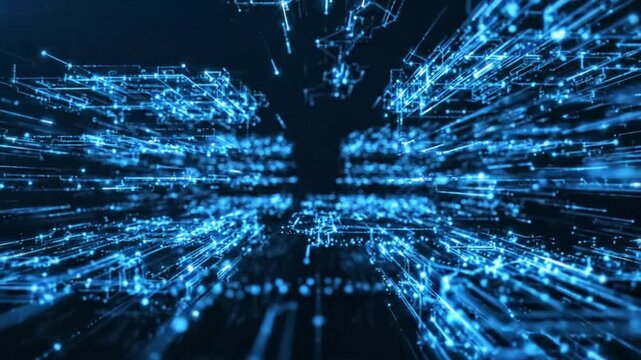 Abstract digital network glowing blue with complex connections and data streams in motion