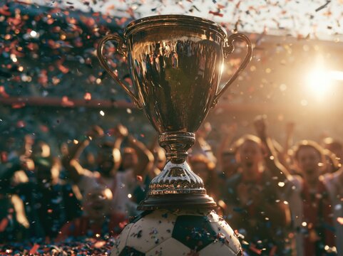 Championship trophy cup on a soccer ball with falling confetti