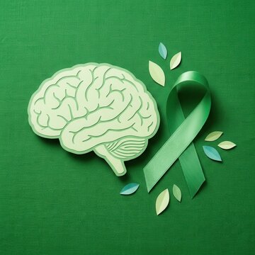 Green awareness ribbon and brain illustration on textured green background mental health awareness concept
