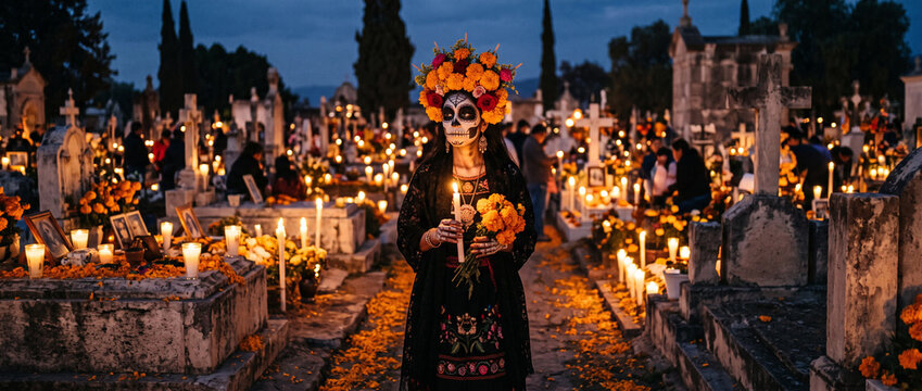 Elegant La Catrina in a candlelit cemetery surrounded by vibrant marigolds and flickering candles, honoring the dead during a traditional D&iacute;a de los Muertos celebration.