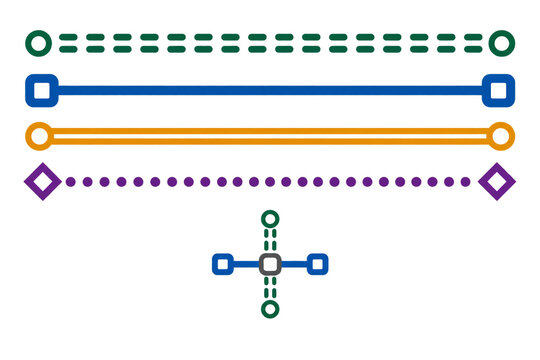 Colored route lines with patterned strokes and endpoints