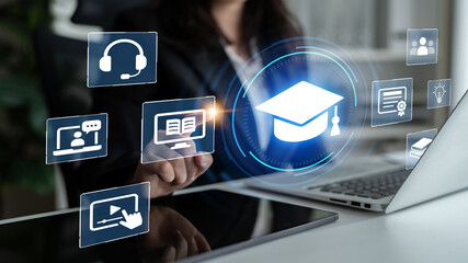 Explore the concept of digital education with innovative symbols representing online learning and...