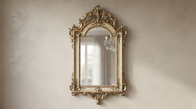 Ornate gold vintage mirror hanging on a neutral wall, antique baroque home decor interior design photo