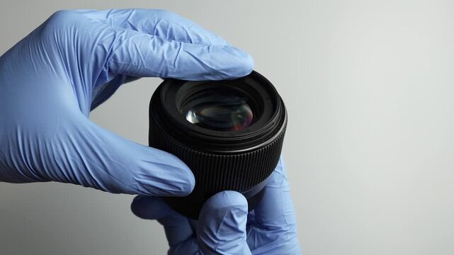 Close-up video of gloved hands carefully inspecting and rotating a camera lens, showing optical glass and aperture mechanism against a clean neutral background.