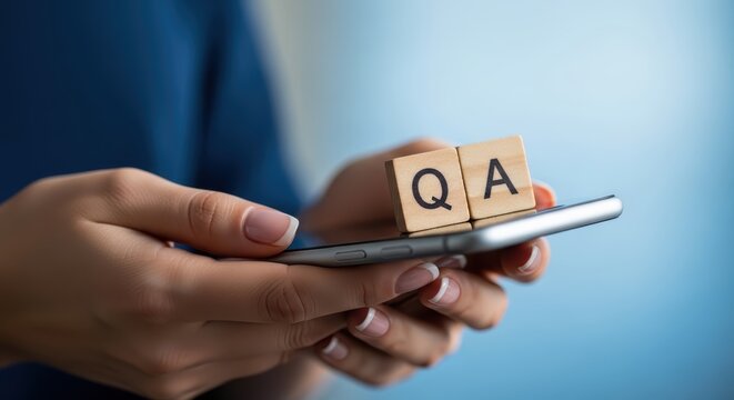 Person holding a smartphone with wooden blocks labeled qa on top