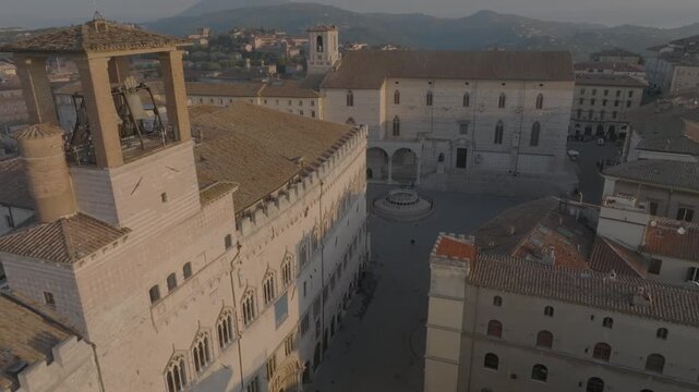 Aerial view of the historic Piazza IV Novembre featuring the Palazzo dei Priori and the Cathedral of San Lorenzo in Perugia, Umbria, Italy.