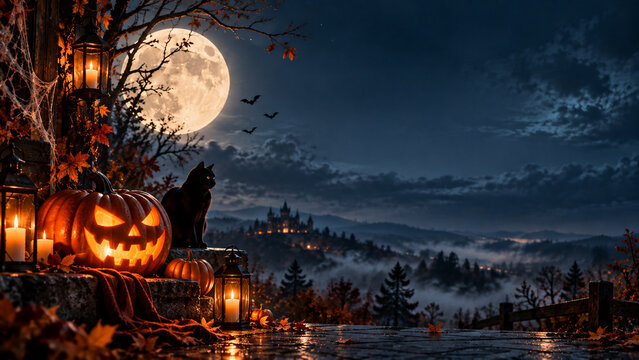 Halloween pumpkins and black cat under full moon at night