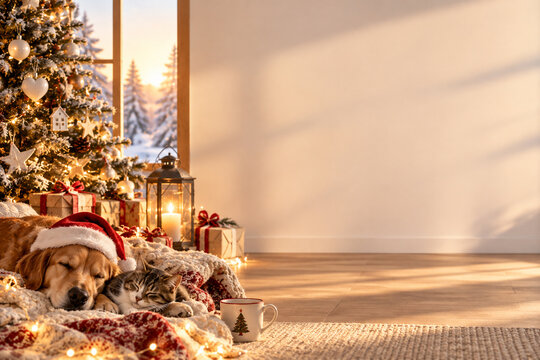Dog and cat sleeping by Christmas tree in cozy festive home