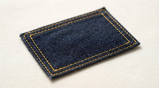 Blue denim patch photo with yellow stitching on white surface