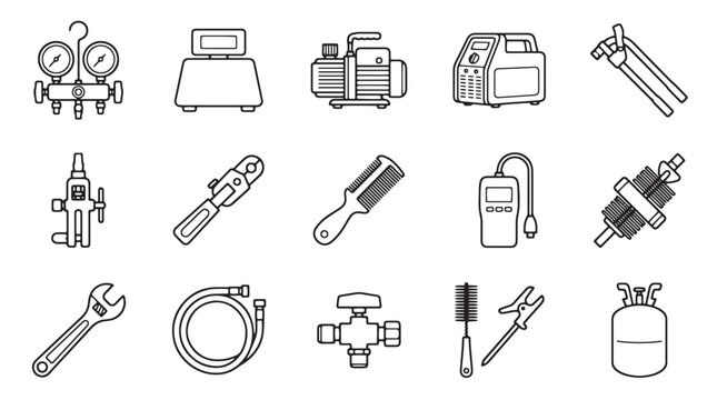HVAC tools and equipment icons set in black and white line art vector illustration