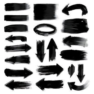 Set of black brush stroke arrows and shapes for directional graphic design with transparent background