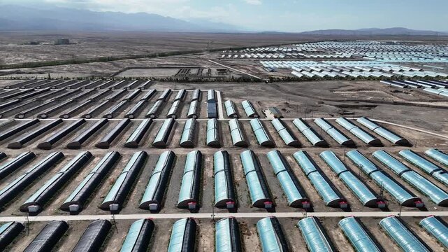 Neatly arranged agricultural greenhouses in the desert area