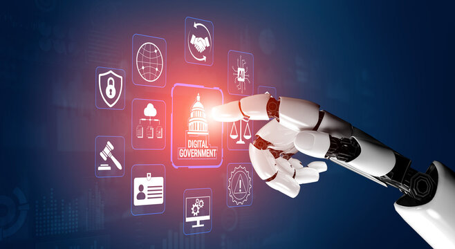 Robotic Hand Interacting with Digital Government Icons in Vibrant Interface Illustrating Technology and Innovation in Governance Fluxor.