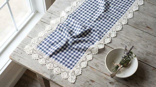 Blue gingham table runner photo with lace trim, white bowl, and lavender on rustic wooden table