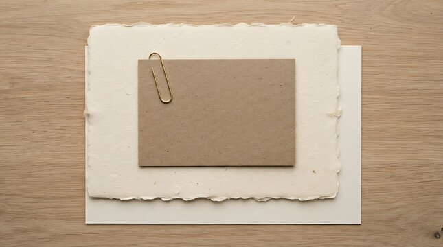 Flat lay mockup photo with handmade deckle edge paper, kraft card, and gold paperclip on wooden background