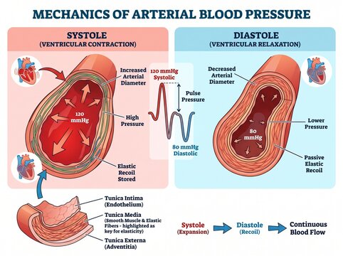 Diagram illustrating the mechanics of arterial blood pressure with systole