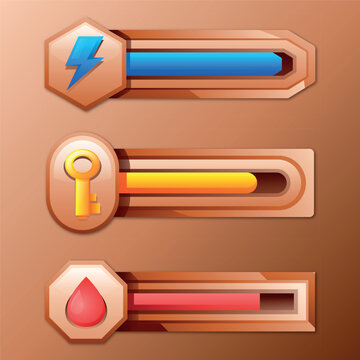 Game UI wooden progress bars and level bars vector set with lightning, key, and drop icons
