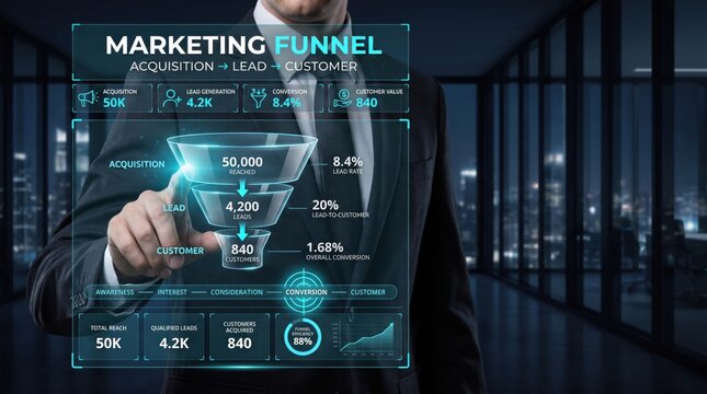 Businessman touching digital marketing funnel with acquisition and lead conversion metrics in modern office