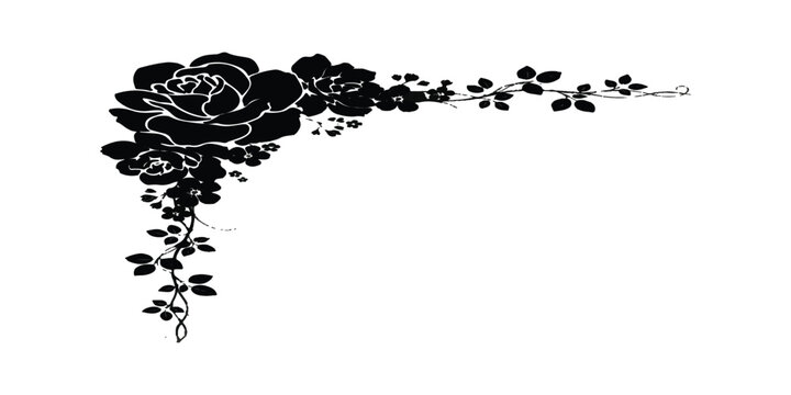 Elegant black rose flower corner design with floral vines and leaves for invitation card decoration