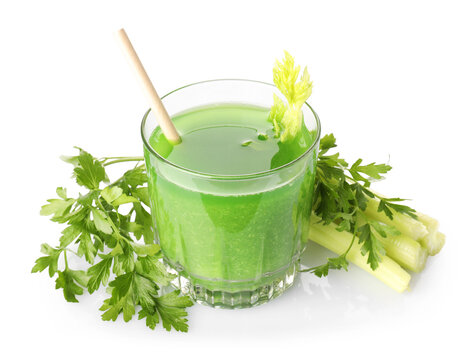 Fresh celery juice in glass and ingredients isolated on white