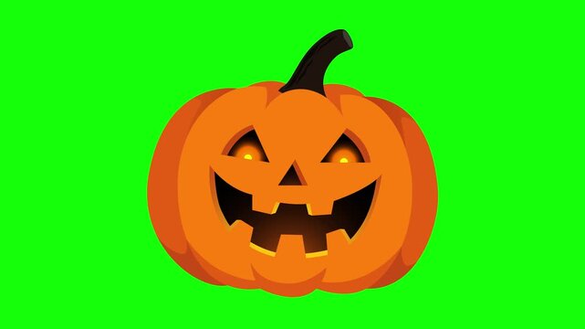 Creepy cartoon jack-o-lantern with glowing eyes and sinister smile on green screen, ideal for Halloween videos, promotions, intros and effects.