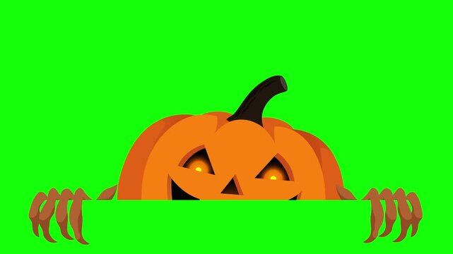 Creepy jack-o-lantern rises with glowing eyes on green screen, perfect for Halloween intros, backgrounds, promotions and horror videos.