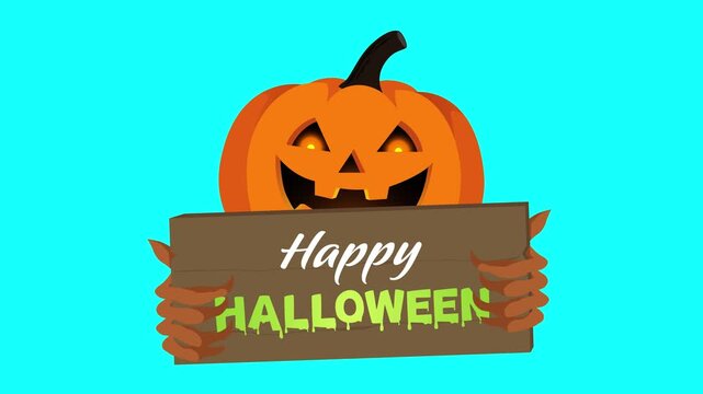 Two set animations of jack-o-lantern holds a Halloween Sale and Happy Halloween sign, ideal for seasonal advertising, and promos videos.