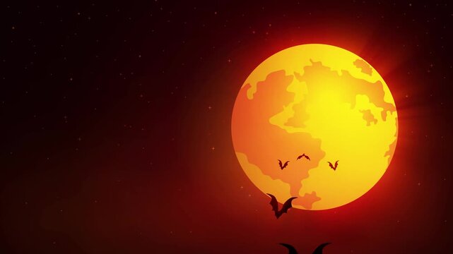 Spooky Halloween motion background with flying bats, glowing full moon, stars and dark red night sky, with clean copy space for titles and promotions.