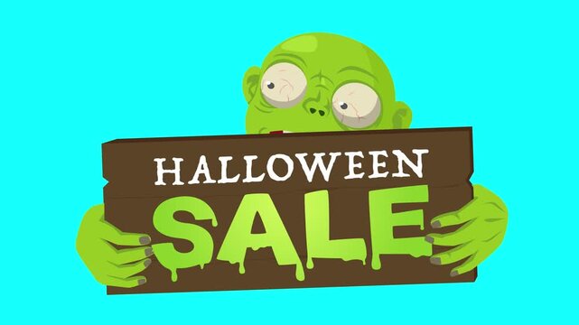 Two sets of cartoon zombie holds a wooden Happy Halloween and Halloween Sale sign, isolated on blue screen for festive Halloween promotions and greetings.