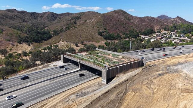 CALIFORNIA - 9.22.2026 - Amazing aerial footage approaching the Wallis Annenberg Wildlife Crossing, still under construction, as traffic passes beneath it on California's Highway 101.