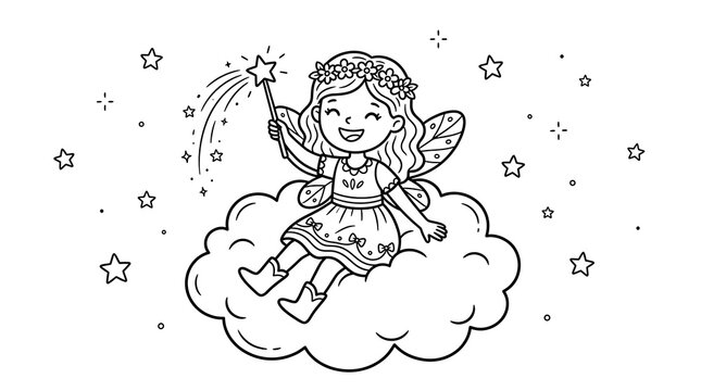Cute fairy girl with magic wand sitting on a cloud in a line art style