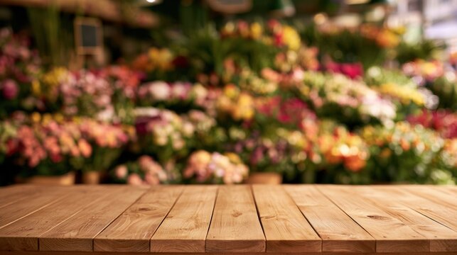 A wooden table sits empty in the foreground with a flower market blurred behind it. The stall displays various colorful flowers, showing spring vibes.