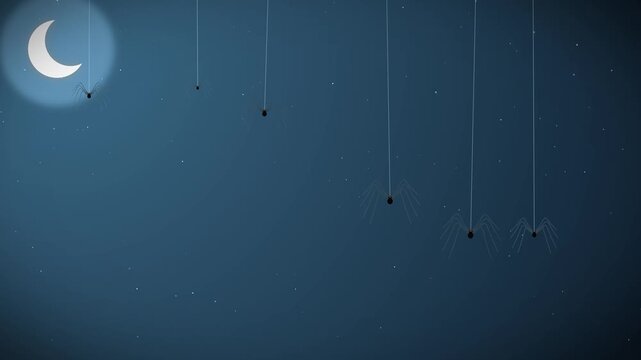 Classic animated halloween video with cartoon spiders dropping down on webs under a crescent moon dark night sky