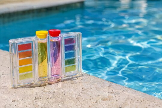 Pool water test kit with color vials beside clear blue swimming pool