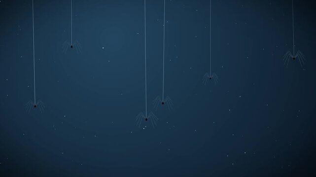 Cartoon spiders dropping on webs against a dark blue night sky with twinkling stars motion graphic animation