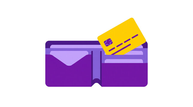 Open purple wallet with a gold payment credit card inserted inside personal finance spending debit card transaction isolated illustration business purchase
