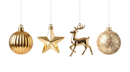 Four different golden christmas tree ornaments hanging isolated on a white background © Afroja